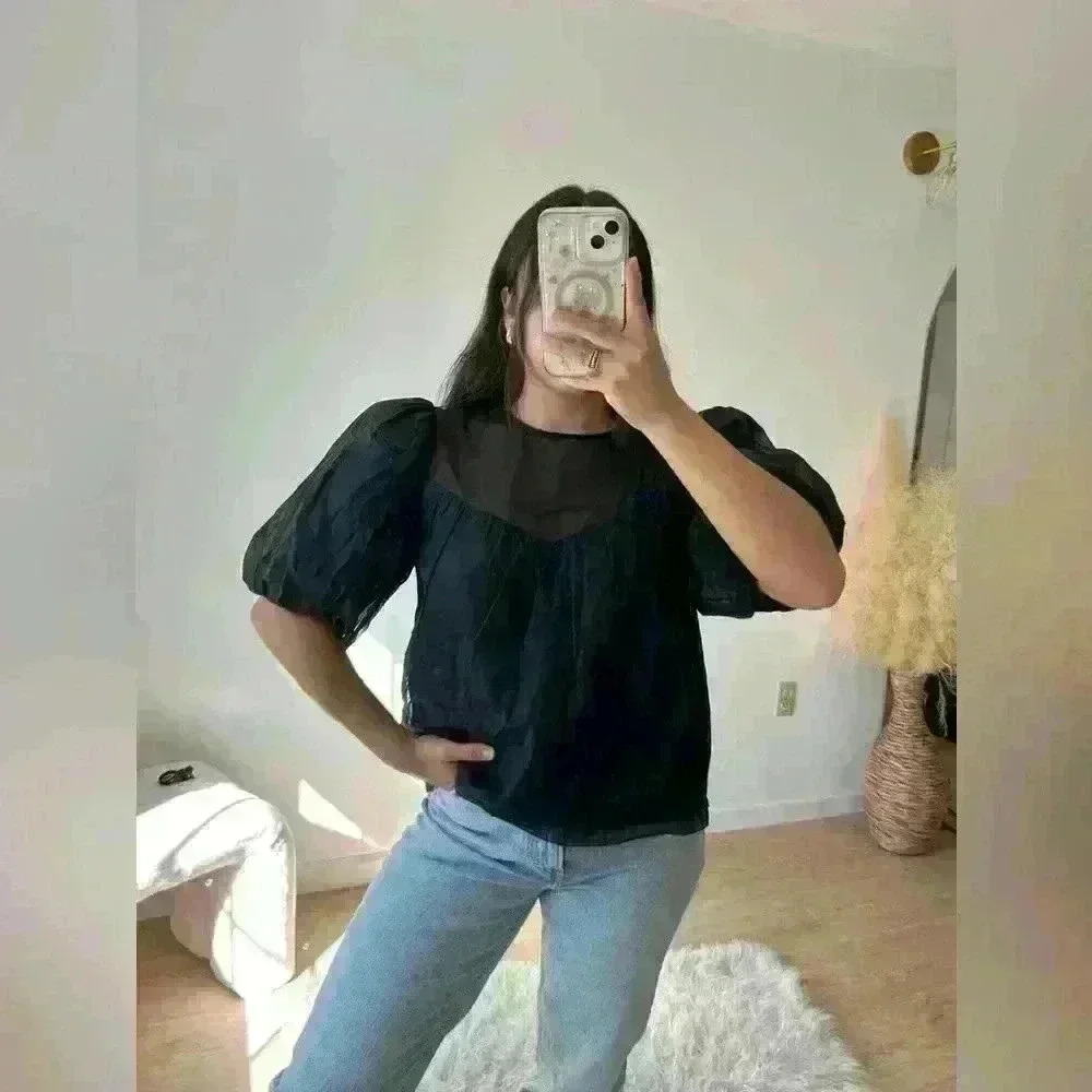 FRAME
Silk Puff Sleeve Sheer Inset Top - Picture 4 of 4